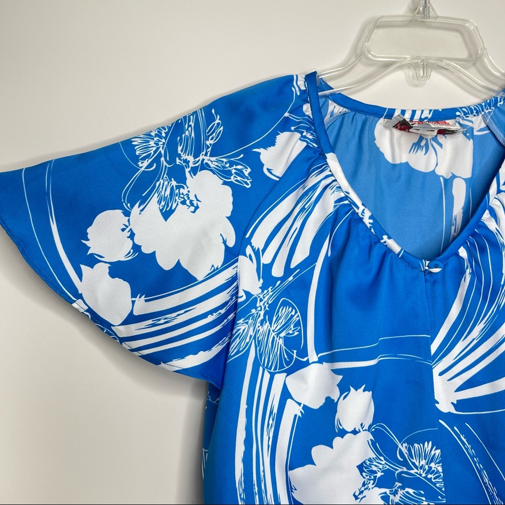 Vintage 70s Nani of Hawaii Hibiscus Waves Floral Print Angel Sleeve Hawaiian Top - Picture 4 of 11
